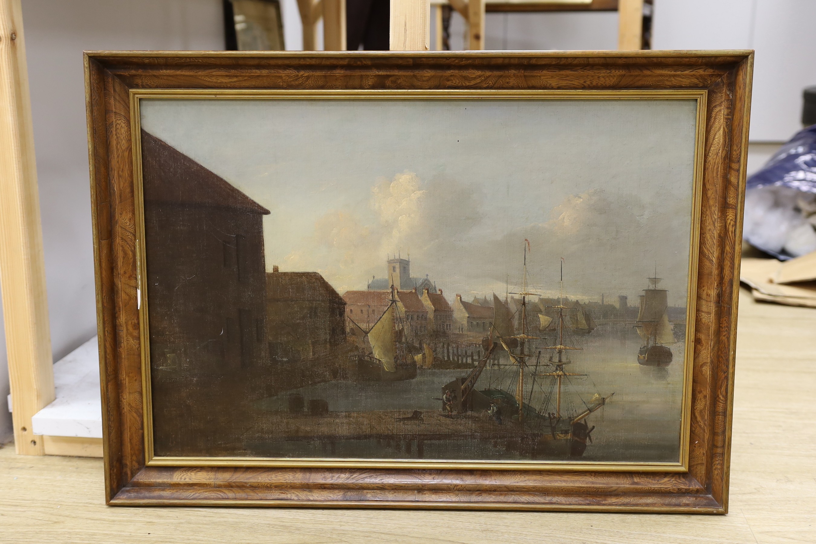Attributed to James Ward (1769-1859), oil on canvas, 'The harbour at Hull', inscribed verso, 44 x 65cm